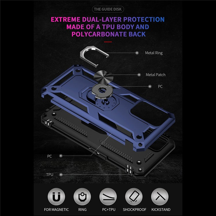 PC + TPU + Metal Hybrid Case Shockproof Phone Cover with Finger Ring Kickstand for Oppo A54 4G - Blue
