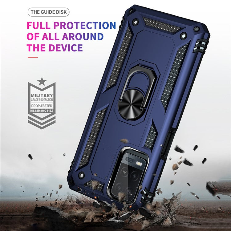 PC + TPU + Metal Hybrid Case Shockproof Phone Cover with Finger Ring Kickstand for Oppo A54 4G - Blue
