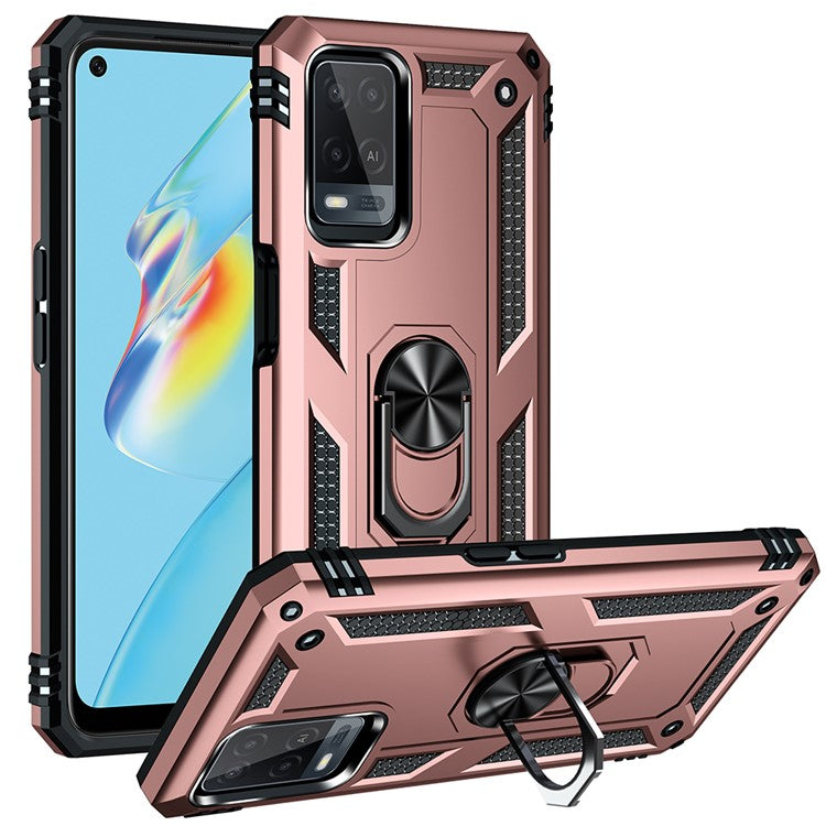 PC + TPU + Metal Hybrid Case Shockproof Phone Cover with Finger Ring Kickstand for Oppo A54 4G - Rose Gold