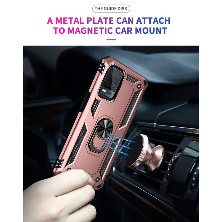 PC + TPU + Metal Hybrid Case Shockproof Phone Cover with Finger Ring Kickstand for Oppo A54 4G - Rose Gold