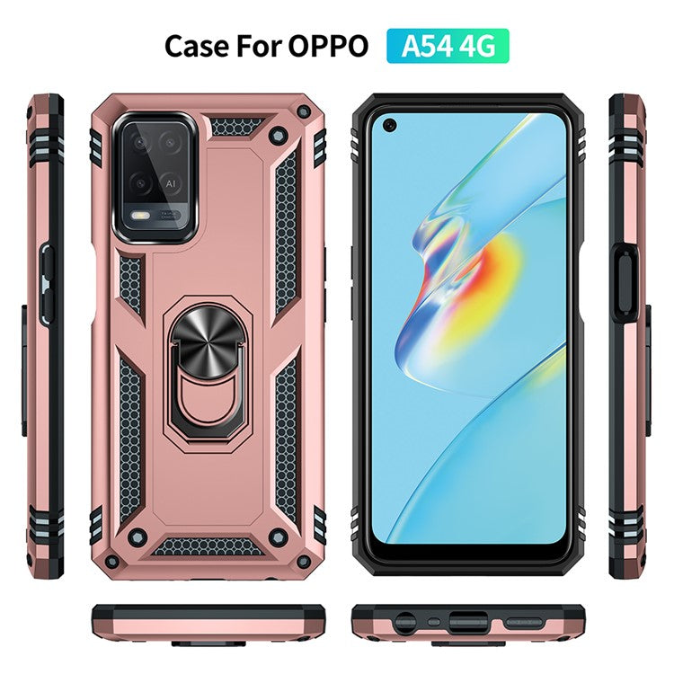 PC + TPU + Metal Hybrid Case Shockproof Phone Cover with Finger Ring Kickstand for Oppo A54 4G - Rose Gold