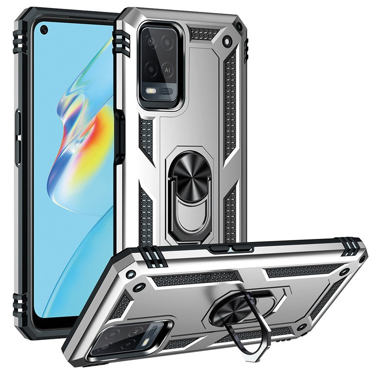 PC + TPU + Metal Hybrid Case Shockproof Phone Cover with Finger Ring Kickstand for Oppo A54 4G - Silver