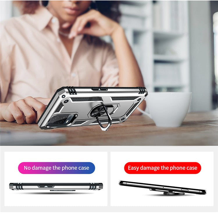 PC + TPU + Metal Hybrid Case Shockproof Phone Cover with Finger Ring Kickstand for Oppo A54 4G - Silver