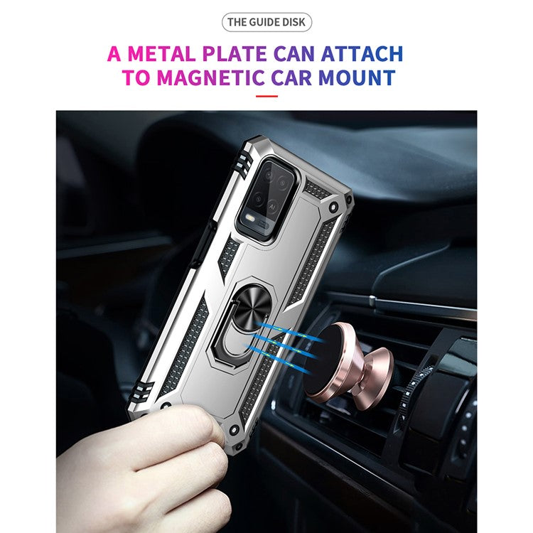 PC + TPU + Metal Hybrid Case Shockproof Phone Cover with Finger Ring Kickstand for Oppo A54 4G - Silver
