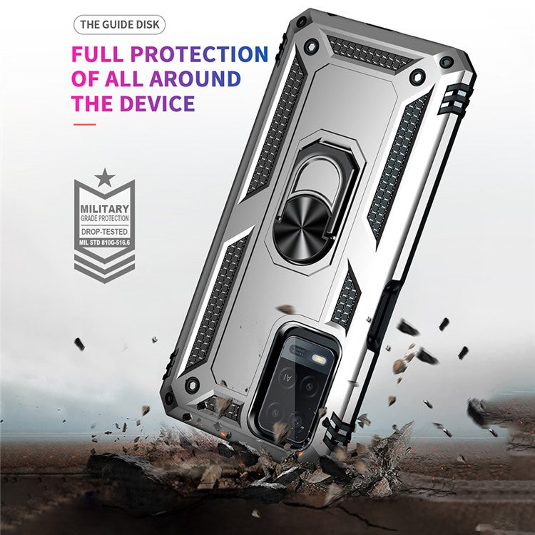 PC + TPU + Metal Hybrid Case Shockproof Phone Cover with Finger Ring Kickstand for Oppo A54 4G - Silver