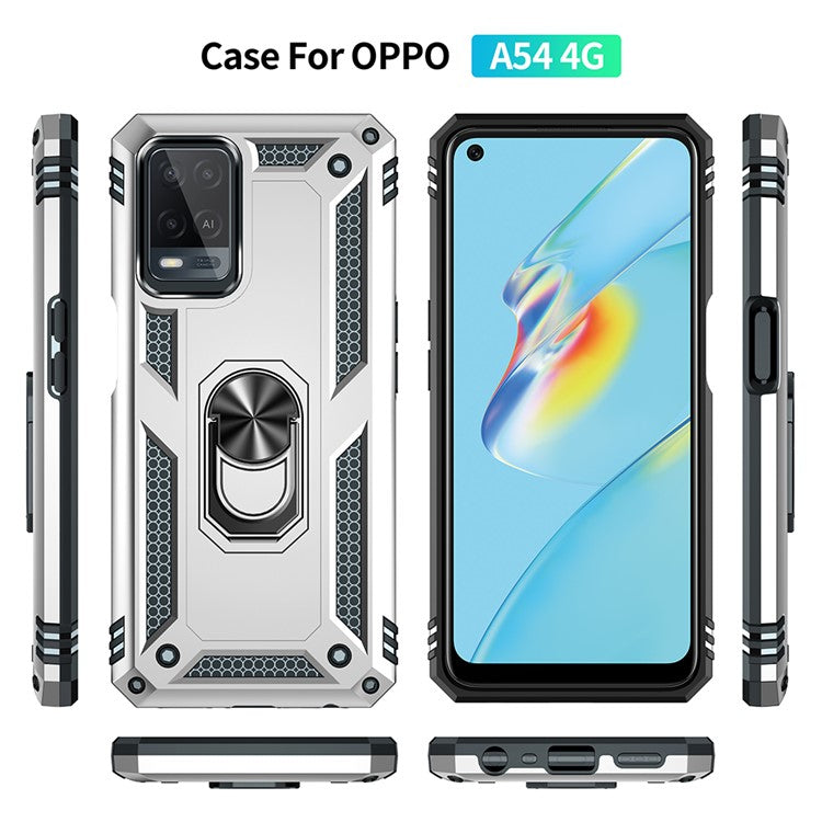 PC + TPU + Metal Hybrid Case Shockproof Phone Cover with Finger Ring Kickstand for Oppo A54 4G - Silver