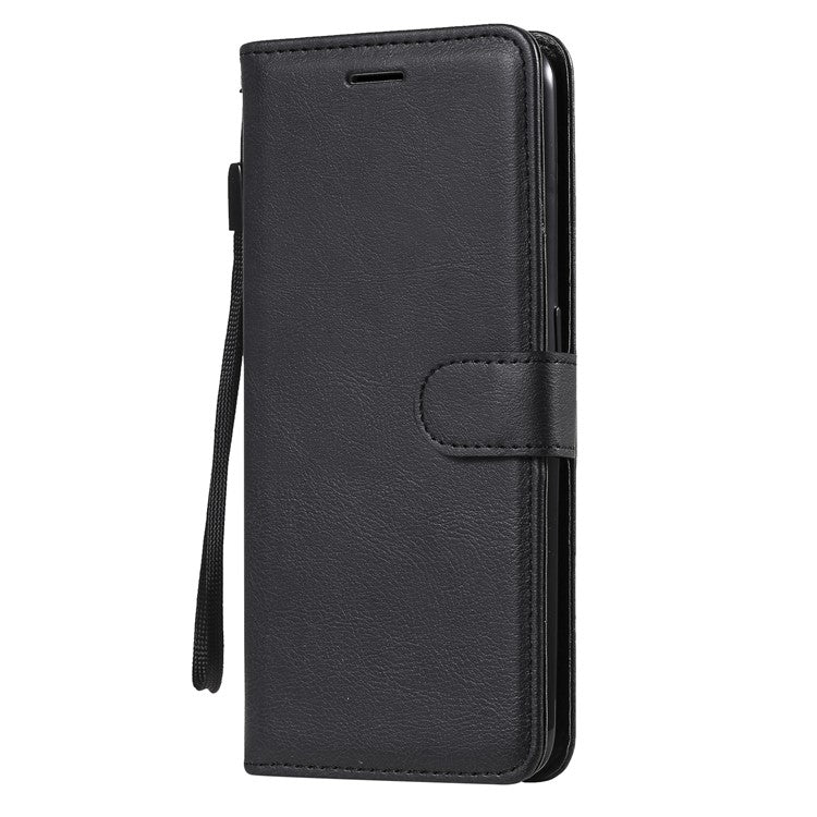 KT Leather Series-2 Plain Wallet Leather Phone Stand Shell with Strap for Oppo A74 4G/F19 4G - Black