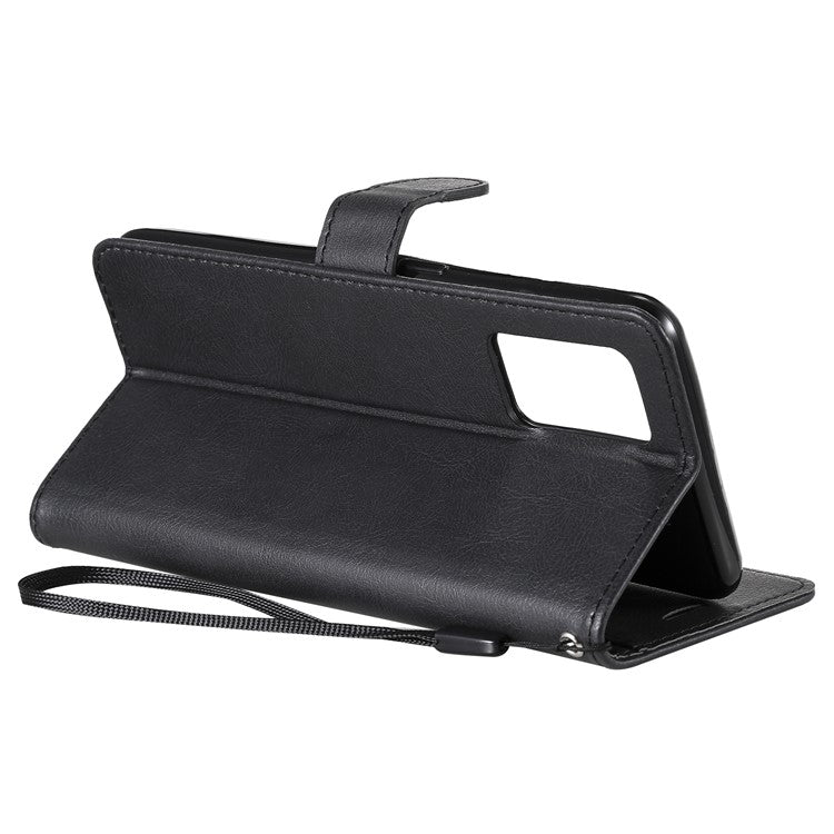 KT Leather Series-2 Plain Wallet Leather Phone Stand Shell with Strap for Oppo A74 4G/F19 4G - Black