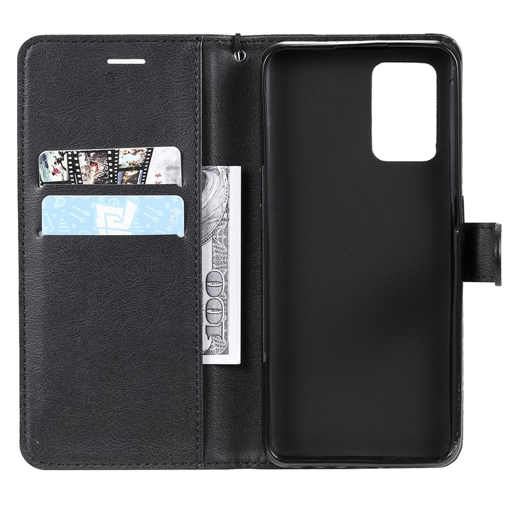 KT Leather Series-2 Plain Wallet Leather Phone Stand Shell with Strap for Oppo A74 4G/F19 4G - Black