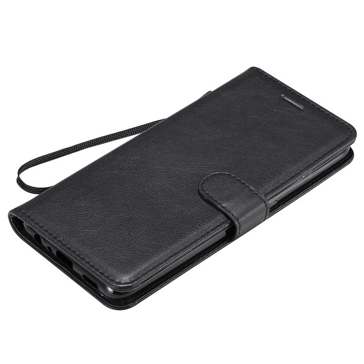 KT Leather Series-2 Plain Wallet Leather Phone Stand Shell with Strap for Oppo A74 4G/F19 4G - Black