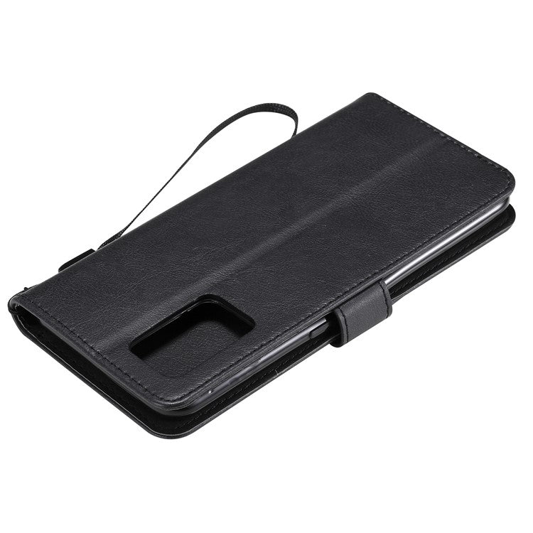 KT Leather Series-2 Plain Wallet Leather Phone Stand Shell with Strap for Oppo A74 4G/F19 4G - Black