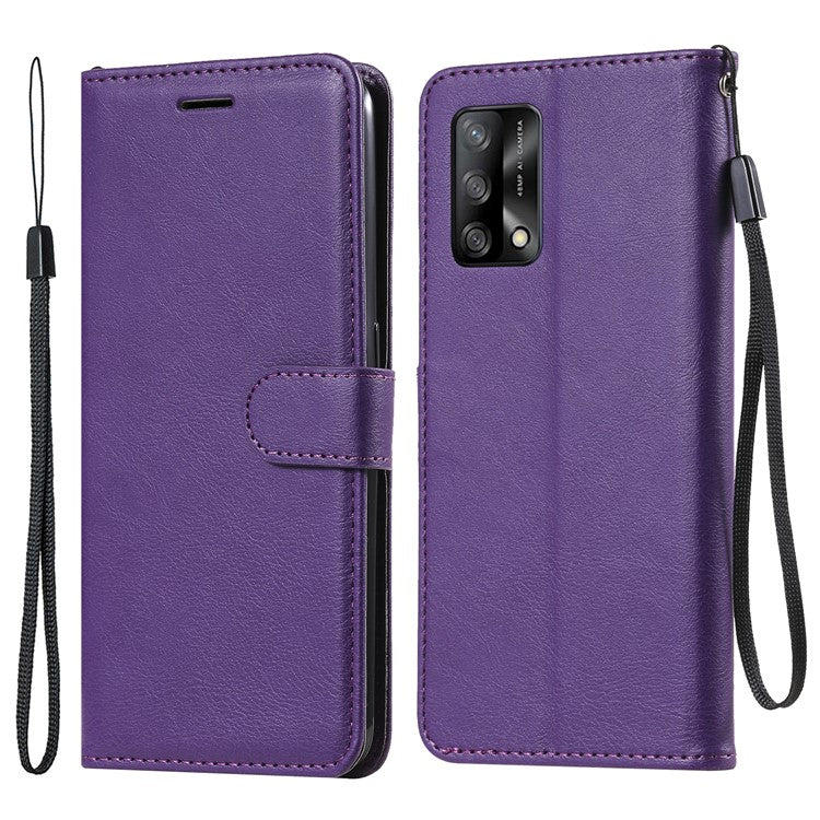 KT Leather Series-2 Plain Wallet Leather Phone Stand Shell with Strap for Oppo A74 4G/F19 4G - Purple