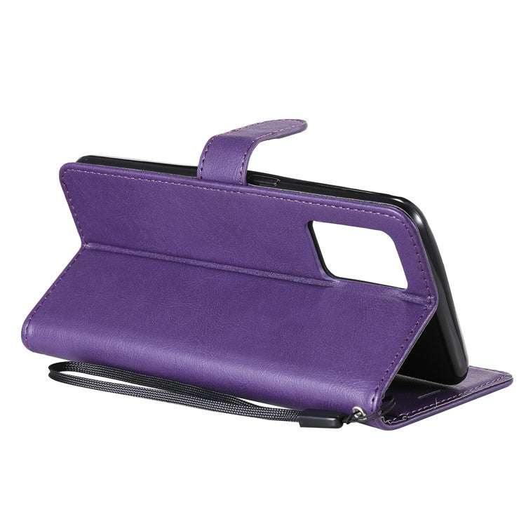 KT Leather Series-2 Plain Wallet Leather Phone Stand Shell with Strap for Oppo A74 4G/F19 4G - Purple