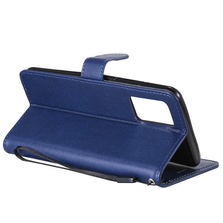 KT Leather Series-2 Plain Wallet Leather Phone Stand Shell with Strap for Oppo A74 4G/F19 4G - Blue