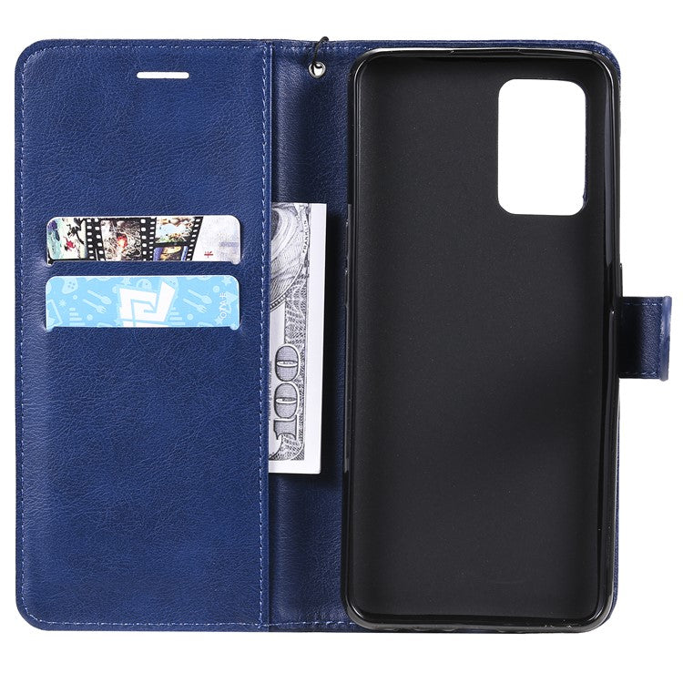 KT Leather Series-2 Plain Wallet Leather Phone Stand Shell with Strap for Oppo A74 4G/F19 4G - Blue