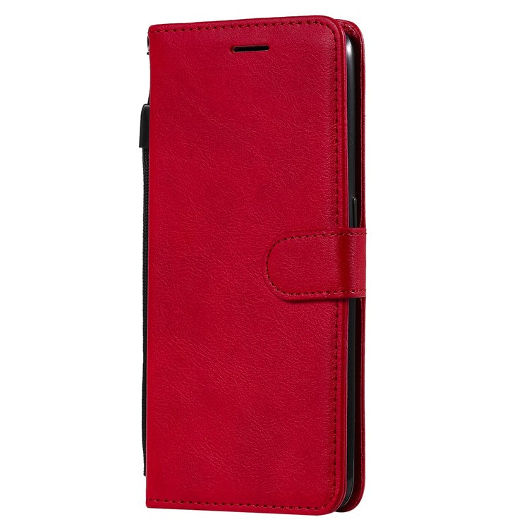 KT Leather Series-2 Plain Wallet Leather Phone Stand Shell with Strap for Oppo A74 4G/F19 4G - Red