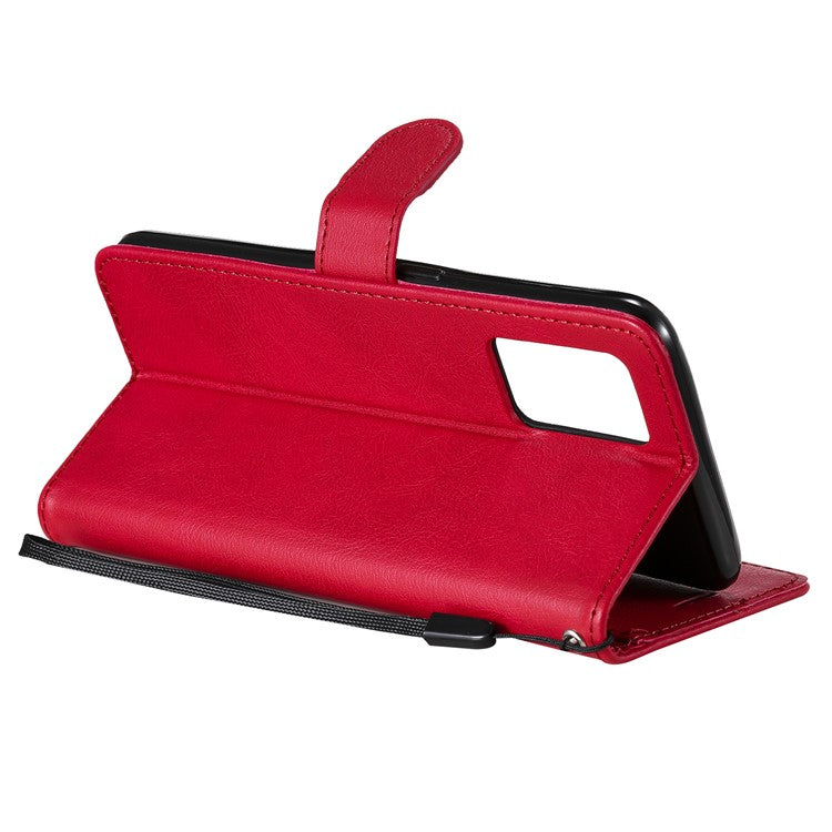 KT Leather Series-2 Plain Wallet Leather Phone Stand Shell with Strap for Oppo A74 4G/F19 4G - Red