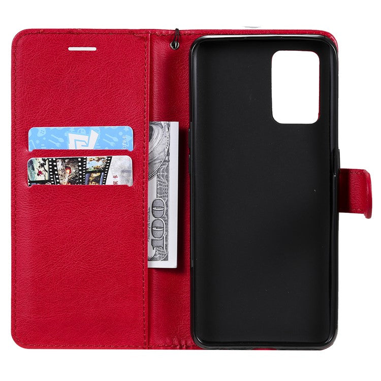 KT Leather Series-2 Plain Wallet Leather Phone Stand Shell with Strap for Oppo A74 4G/F19 4G - Red