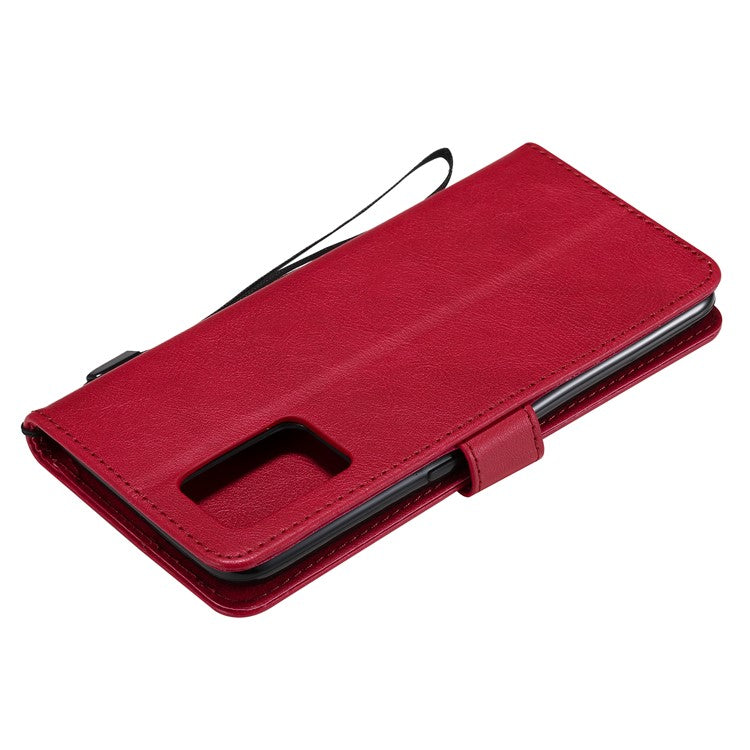 KT Leather Series-2 Plain Wallet Leather Phone Stand Shell with Strap for Oppo A74 4G/F19 4G - Red