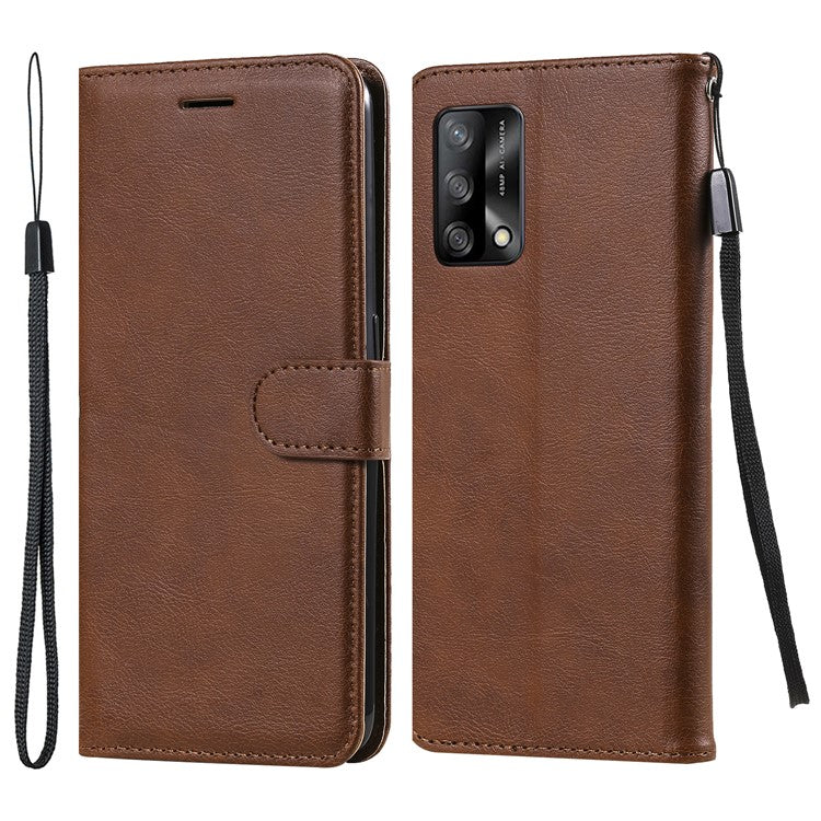 KT Leather Series-2 Plain Wallet Leather Phone Stand Shell with Strap for Oppo A74 4G/F19 4G - Brown
