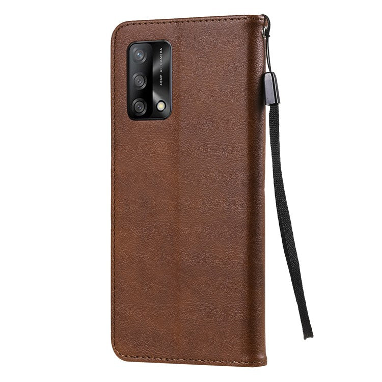 KT Leather Series-2 Plain Wallet Leather Phone Stand Shell with Strap for Oppo A74 4G/F19 4G - Brown