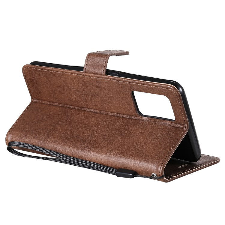 KT Leather Series-2 Plain Wallet Leather Phone Stand Shell with Strap for Oppo A74 4G/F19 4G - Brown