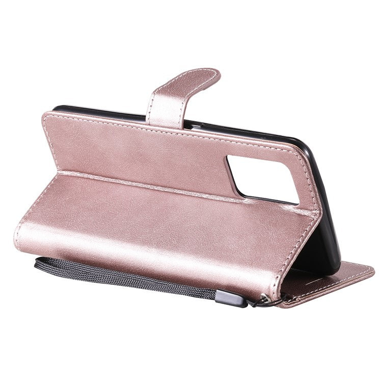 KT Leather Series-2 Plain Wallet Leather Phone Stand Shell with Strap for Oppo A74 4G/F19 4G - Rose Gold