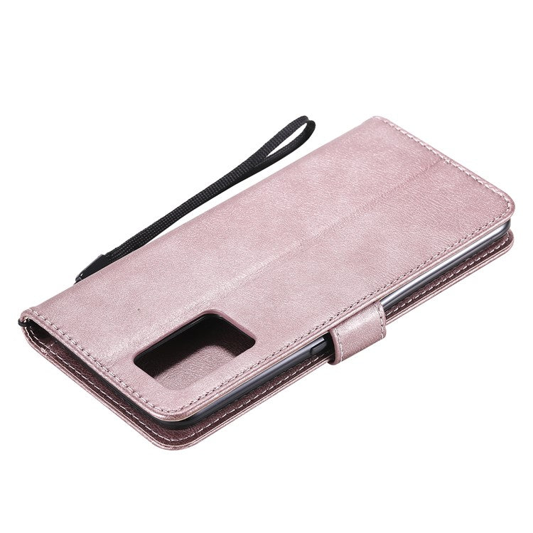 KT Leather Series-2 Plain Wallet Leather Phone Stand Shell with Strap for Oppo A74 4G/F19 4G - Rose Gold