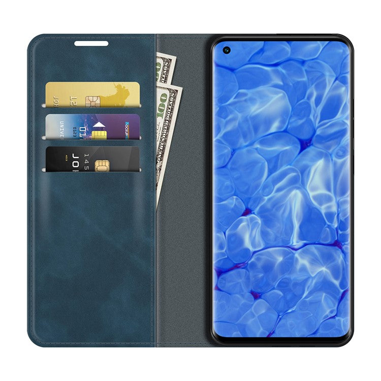 Skin-touch Feeling Strong Magnet Folio Wallet Protective Phone Case for Oppo Reno6 Pro+ 5G/Pro 5G (Snapdragon) - Blue