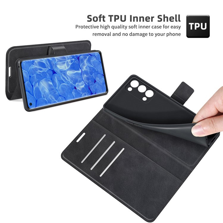 Magnetic Square Clasp Leather Wallet Stand Phone Case for Oppo Reno6 Pro+ 5G/Pro 5G (Snapdragon) - Black