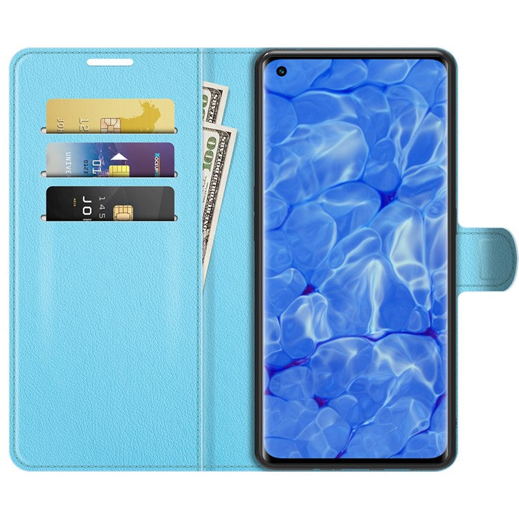 Litchi Texture Leather Wallet Phone Case Protector with Stand for Oppo Reno6 Pro+ 5G/Pro 5G (Snapdragon) - Blue
