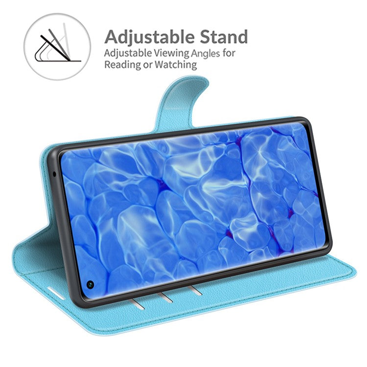 Litchi Texture Leather Wallet Phone Case Protector with Stand for Oppo Reno6 Pro+ 5G/Pro 5G (Snapdragon) - Blue