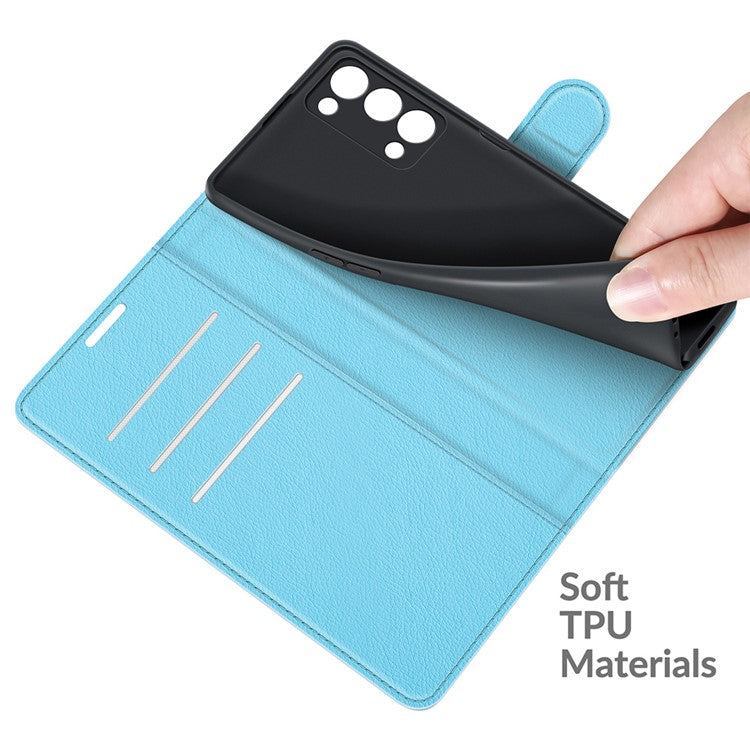 Litchi Texture Leather Wallet Phone Case Protector with Stand for Oppo Reno6 Pro+ 5G/Pro 5G (Snapdragon) - Blue