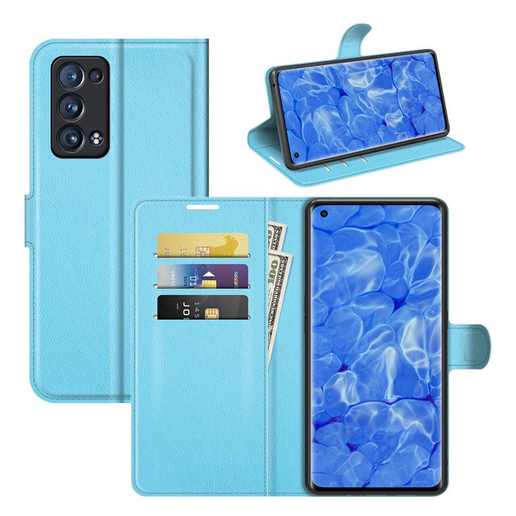 Litchi Texture Leather Wallet Phone Case Protector with Stand for Oppo Reno6 Pro+ 5G/Pro 5G (Snapdragon) - Blue