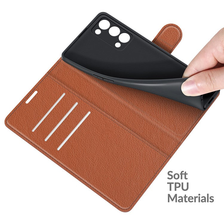 Litchi Texture Leather Wallet Phone Case Protector with Stand for Oppo Reno6 Pro+ 5G/Pro 5G (Snapdragon) - Brown