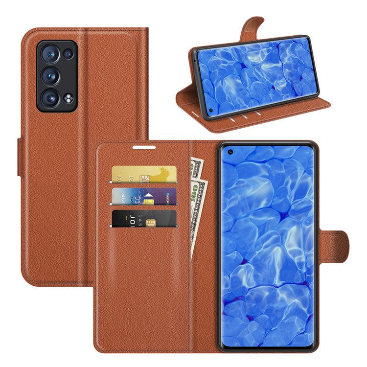 Litchi Texture Leather Wallet Phone Case Protector with Stand for Oppo Reno6 Pro+ 5G/Pro 5G (Snapdragon) - Brown