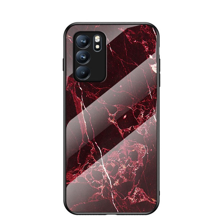Marbling Pattern Tempered Glass Shock-Proof Cell Phone Cover for Oppo Reno6 5G - Blood Red Marble