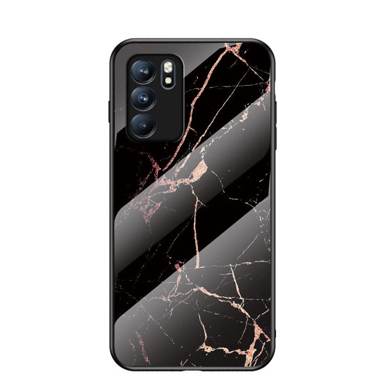 Marbling Pattern Tempered Glass Shock-Proof Cell Phone Cover for Oppo Reno6 5G - Gold Black Marble