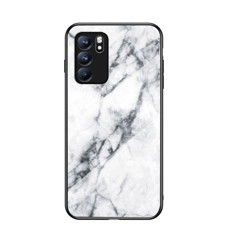 Marbling Pattern Tempered Glass Shock-Proof Cell Phone Cover for Oppo Reno6 5G - White Marble