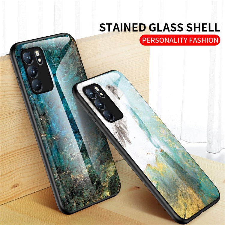 Marbling Pattern Tempered Glass Shock-Proof Cell Phone Cover for Oppo Reno6 5G - Black Marble