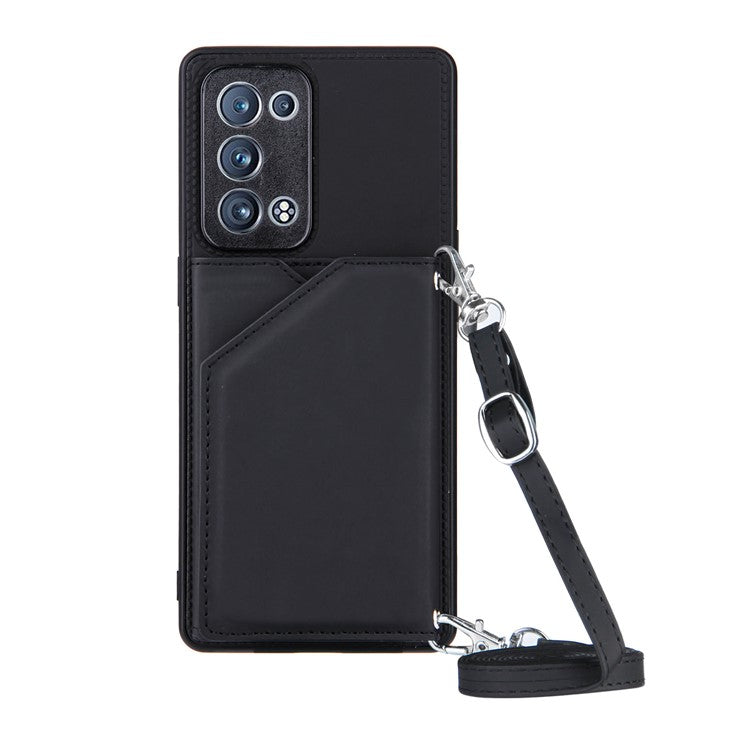 Leather Phone Stand Case Back Card Slots Design Cover with Shoulder Strap for Oppo Reno6 Pro+ 5G/Pro 5G (Snapdragon) - Black