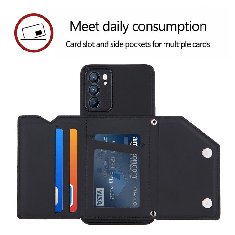 Leather Phone Stand Case with Multiple Back Card Slots + Shoulder Strap for Oppo Reno6 5G - Black