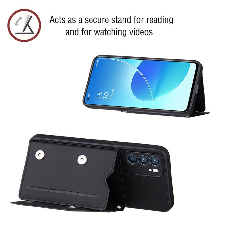 Leather Phone Stand Case with Multiple Back Card Slots + Shoulder Strap for Oppo Reno6 5G - Black