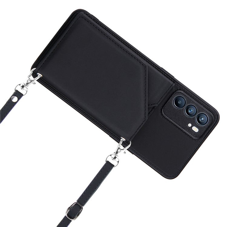 Leather Phone Stand Case with Multiple Back Card Slots + Shoulder Strap for Oppo Reno6 5G - Black