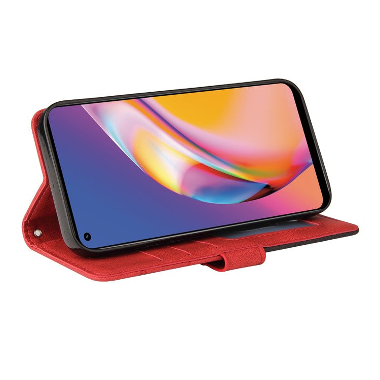 KT Leather Series-1 Bi-color Splicing Design for Oppo A94 / A94 5G / F19 Pro / A95 5G, Skin Touch Feeling PU Leather Wallet Case Flip Cover with Wrist Strap - Red