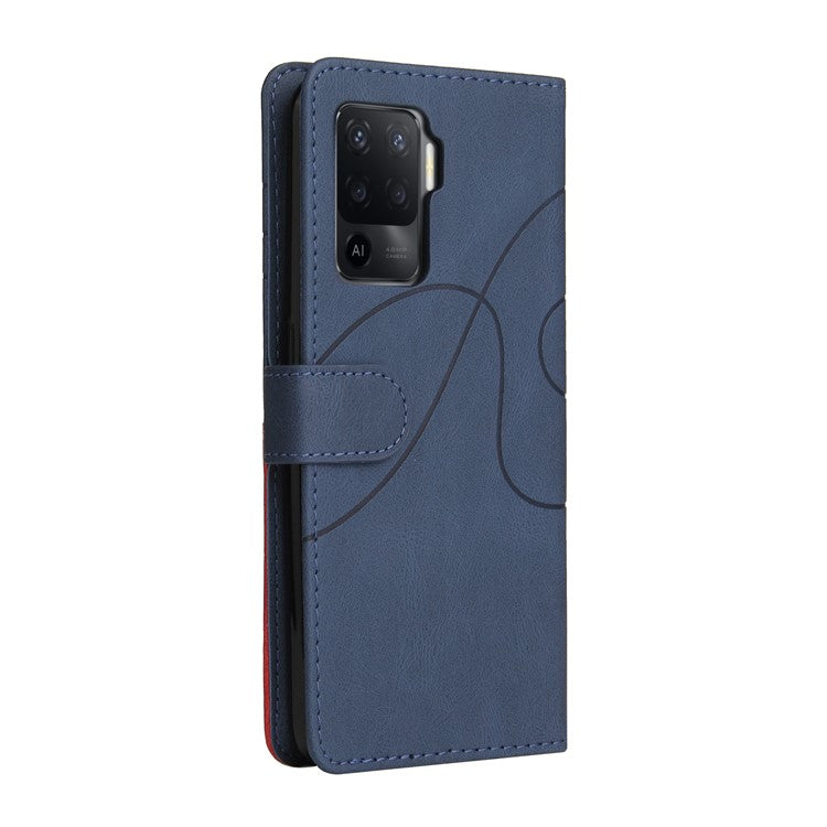 KT Leather Series-1 Bi-color Splicing Design for Oppo A94 / A94 5G / F19 Pro / A95 5G, Skin Touch Feeling PU Leather Wallet Case Flip Cover with Wrist Strap - Blue
