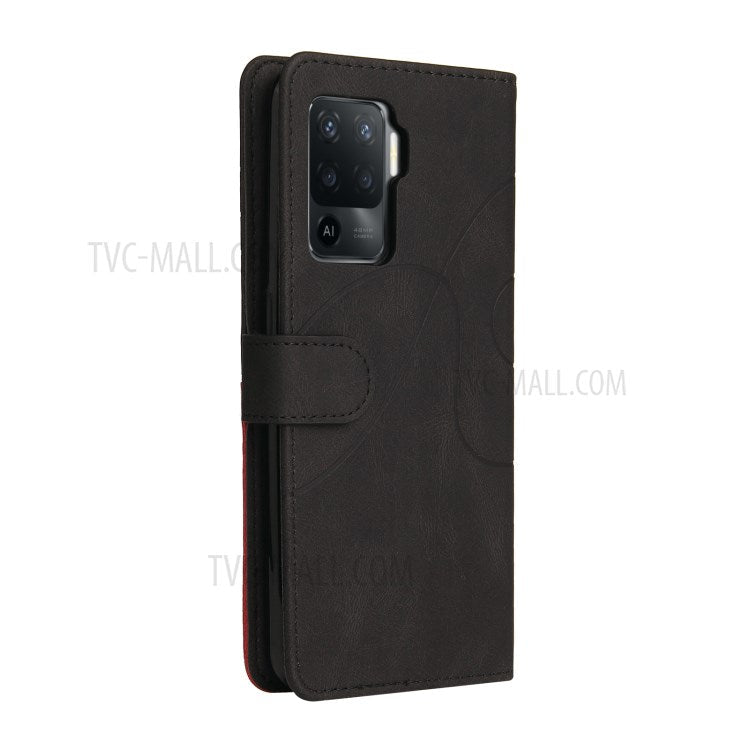 KT Leather Series-1 Bi-color Splicing Design for Oppo A94 / A94 5G / F19 Pro / A95 5G, Skin Touch Feeling PU Leather Wallet Case Flip Cover with Wrist Strap - Black
