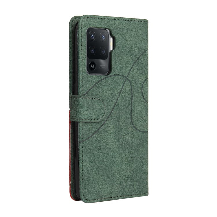 KT Leather Series-1 Bi-color Splicing Design for Oppo A94 / A94 5G / F19 Pro / A95 5G, Skin Touch Feeling PU Leather Wallet Case Flip Cover with Wrist Strap - Green