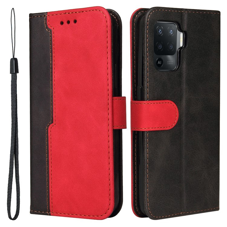 Two-Color Stitching Business Style Flip Magnetic Stand PU Leather Wallet Case for Oppo A94 / F19 Pro / Reno5 F / Reno5 Lite - Red/ Black