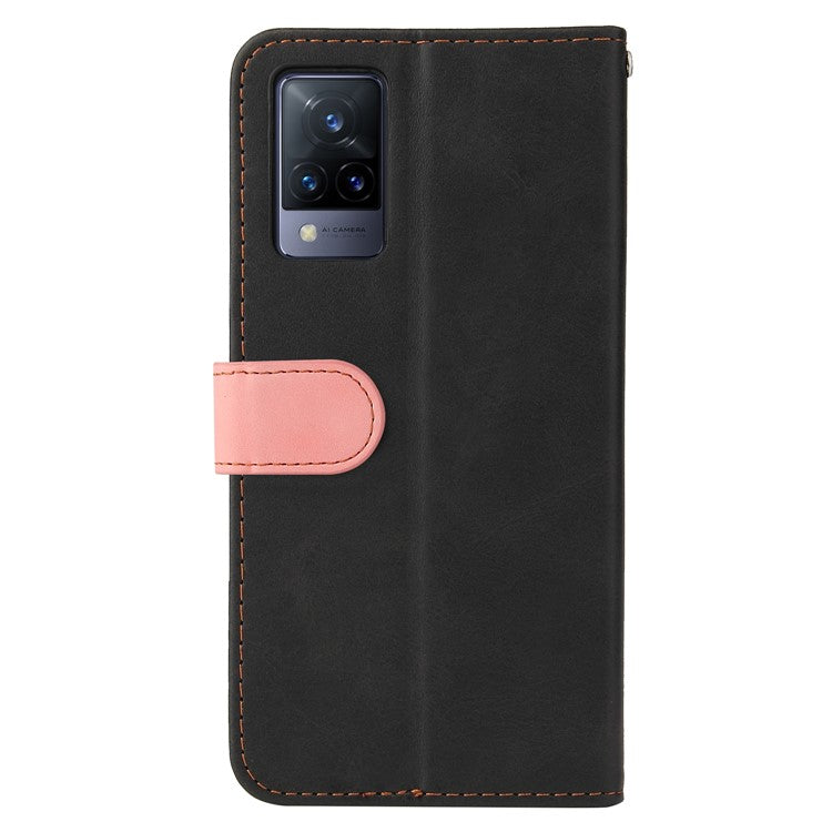 Bi-color Style Soft PU Leather Phone Case Wallet with Strap for vivo V21 4G/5G - Pink